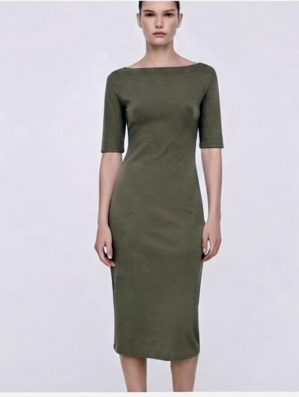 Zara Olive Green Boatneck Midi Dress - Size XS EUC